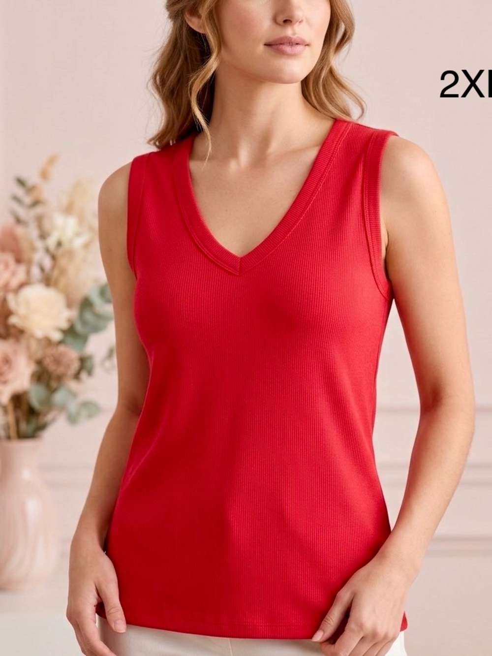 Reitmans Red V-Neck Sleeveless Ribbed Tank